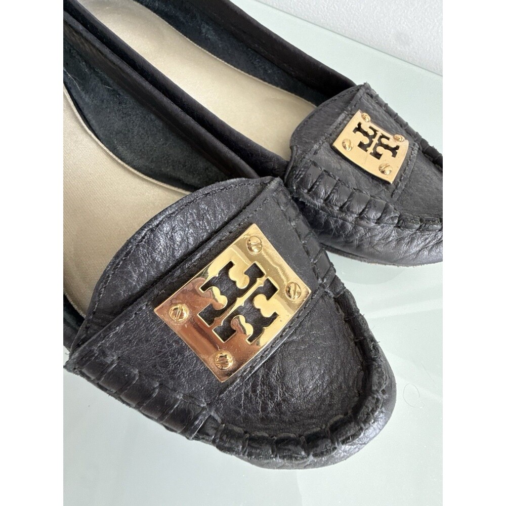 ✿ Tory Burch Black Leather Logo Ballet Flats Gold Plate Size 8M